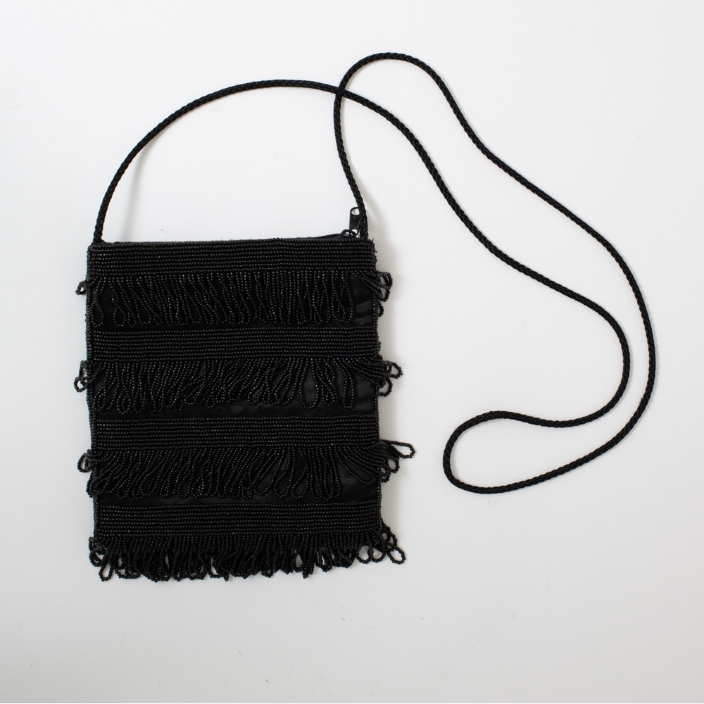 Vanessa Black Beaded Fringe Crossbody Evening Bag Purse